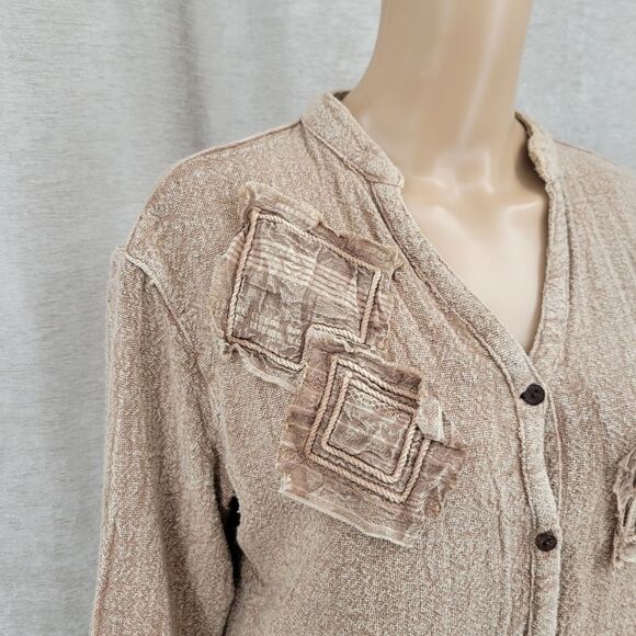 Sacred Threads Boho Cotton Patchwork Neutral Button Down Blouse Top Women's S - Picture 2 of 11